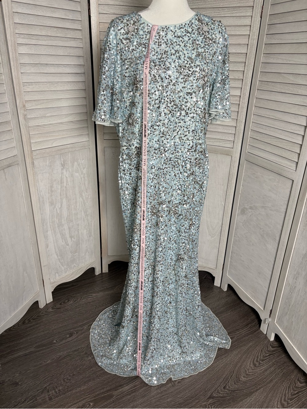 Mac Duggal Flutter Sleeve Sequin High Neck Gown Dress